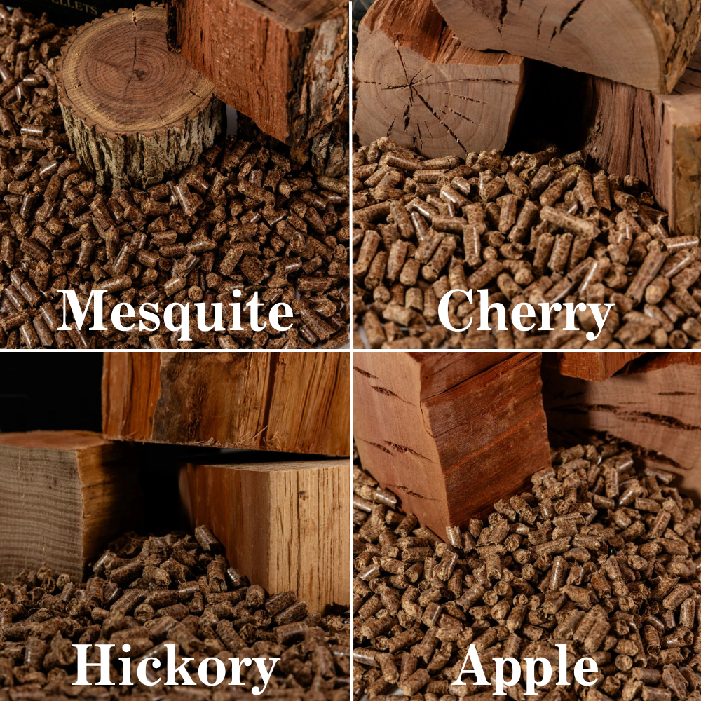 Four different types of wood pellets labeled Mesquite, Cherry, Hickory, and Apple.