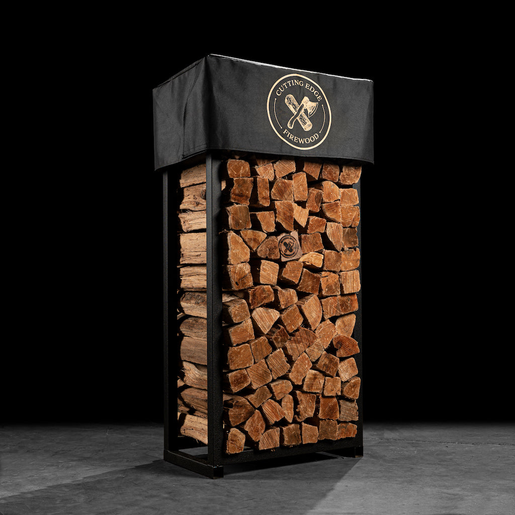 Cover-protected steel firewood rack pre-loaded with premium kiln-dried oak wood splits. View STR specs.